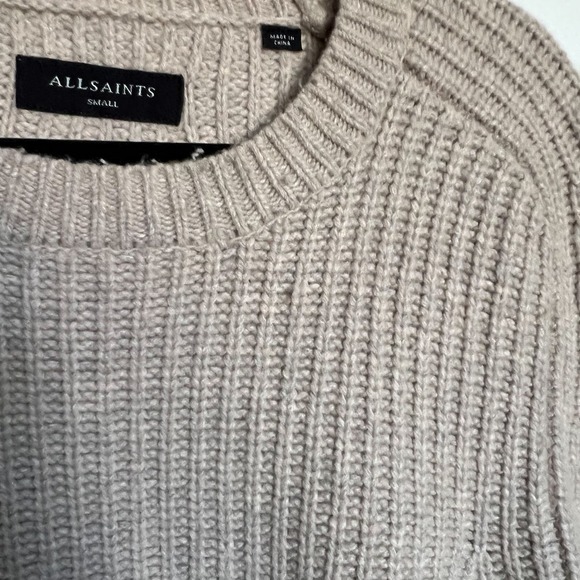 All Saints Ribbed Crewneck Oversized Knit Sweater Wool Small Tan Khaki Classic - Picture 2 of 9